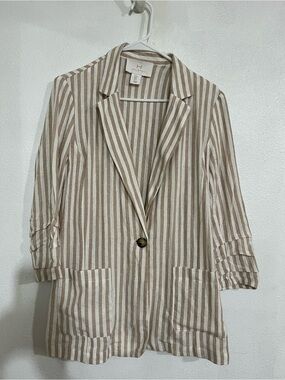 Halaton Beige & White Vertical-Stripe Blazer linen blend